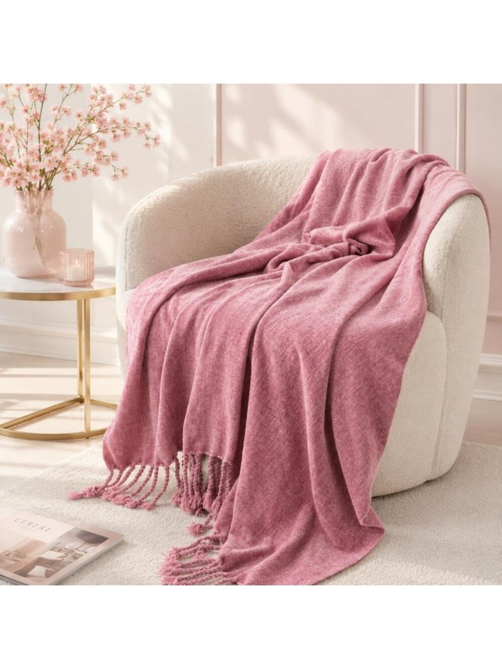 Cozy Pink Chenille Throw Blanket with Fringe Tassels - Soft Lightweight
